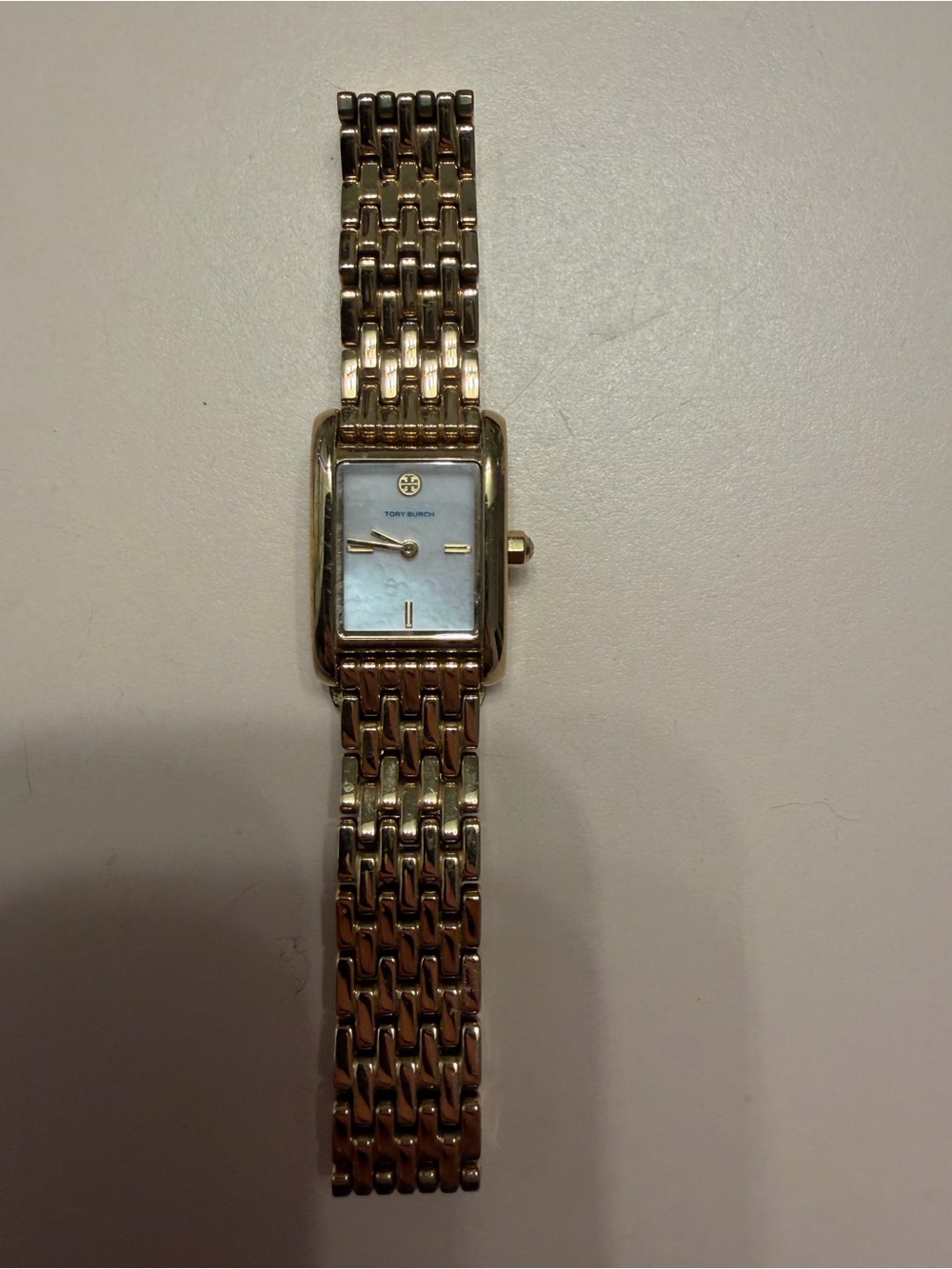 Tory Burch Gold Rectangular Bracelet Watch with Mother-of-Pearl Dial